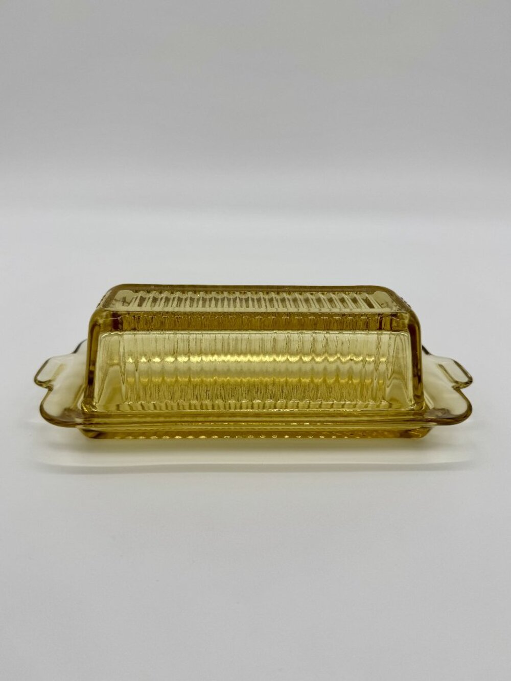 Vintage Amber Depression Glass Ribbed Butter Dish 2-Piece Set